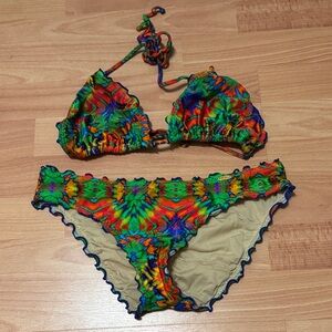 Luli Fama Multicolor Floral Tie-Back Bikini - Green, Red, Blue, Orange, Yellow
